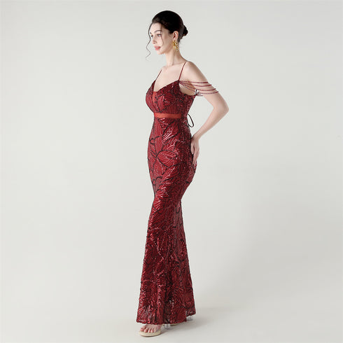 Graceful Sequin Embellished Mesh Mermaid Maxi Dress